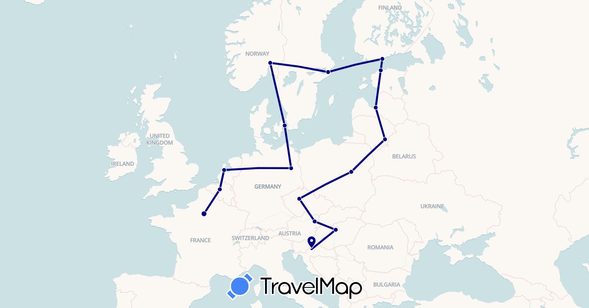 TravelMap itinerary: driving in Austria, Belgium, Czech Republic, Germany, Denmark, Estonia, Finland, France, Croatia, Hungary, Lithuania, Latvia, Netherlands, Norway, Poland, Sweden (Europe)